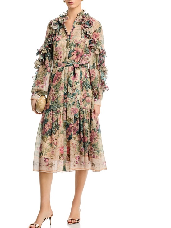 Kobi Halperin Dresses & Skirts - Kobi Halperin Floral Ruffle Midi Dress in Pink and Green